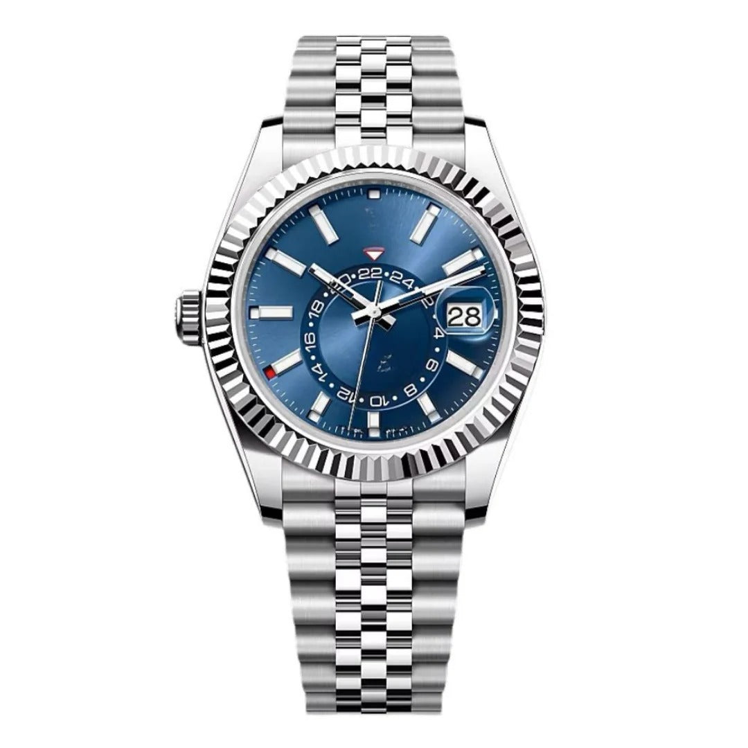 Global Traveller 42 – Blue Sunburst Dial | Stainless Steel Jubilee Bracelet & Fluted Bezel