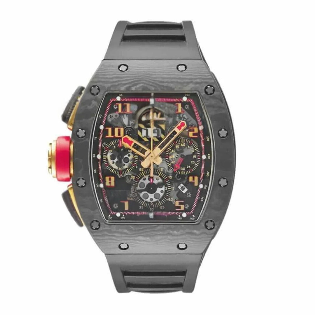 Skeleton Chronograph 44 – Black Dial with Red Accents | Carbon Case & Black Rubber Strap
