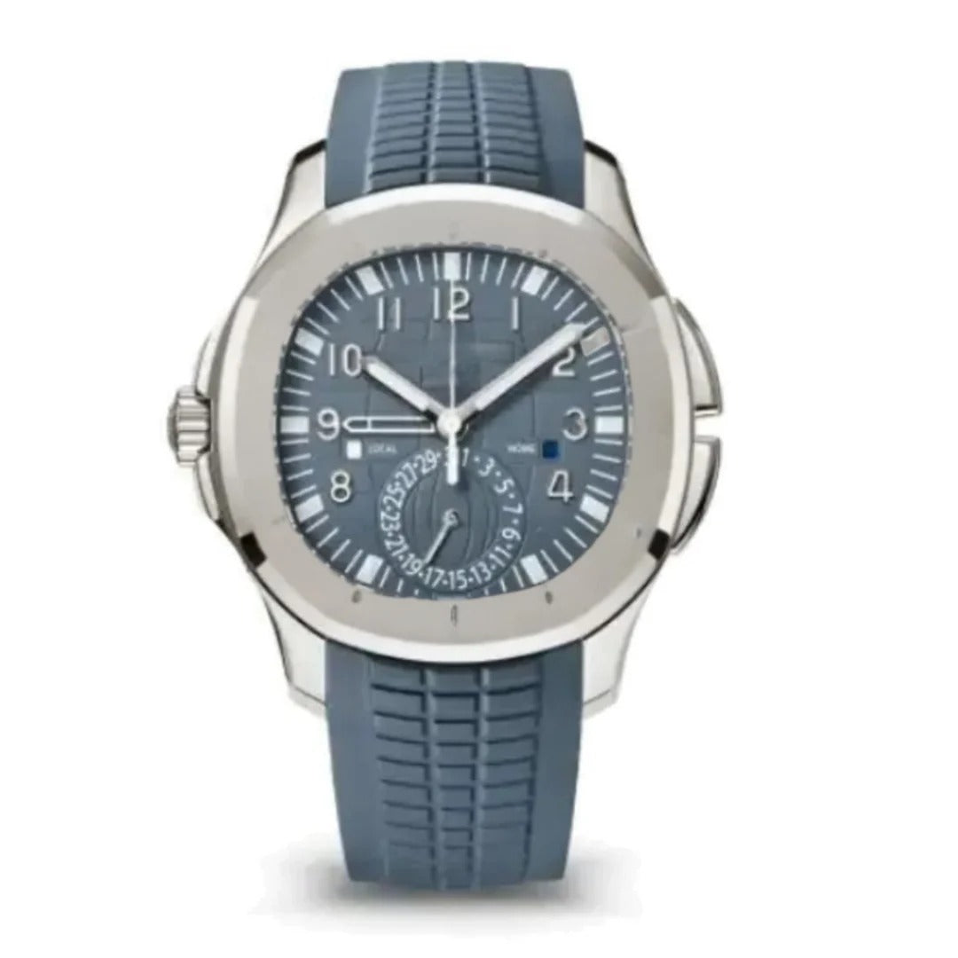 Sport Travel 40 – Blue Embossed Dial | White Gold Tone Case & Blue Rubber Strap