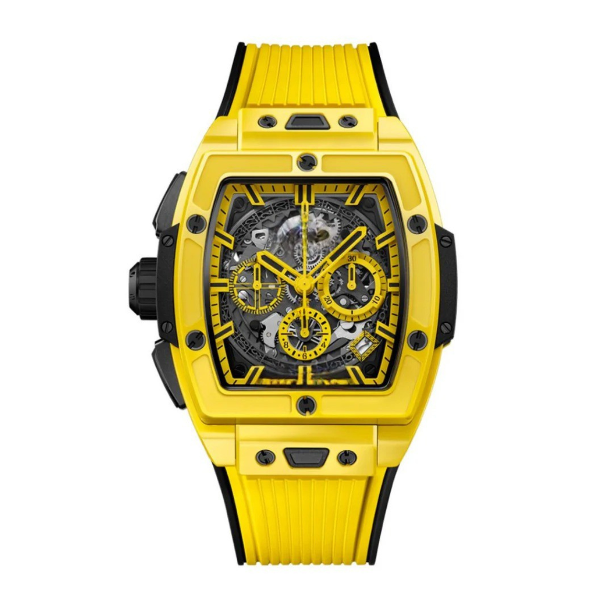 Tonneau Chronograph 42 – Black Skeleton Dial | Yellow Case & Black Rubber Strap