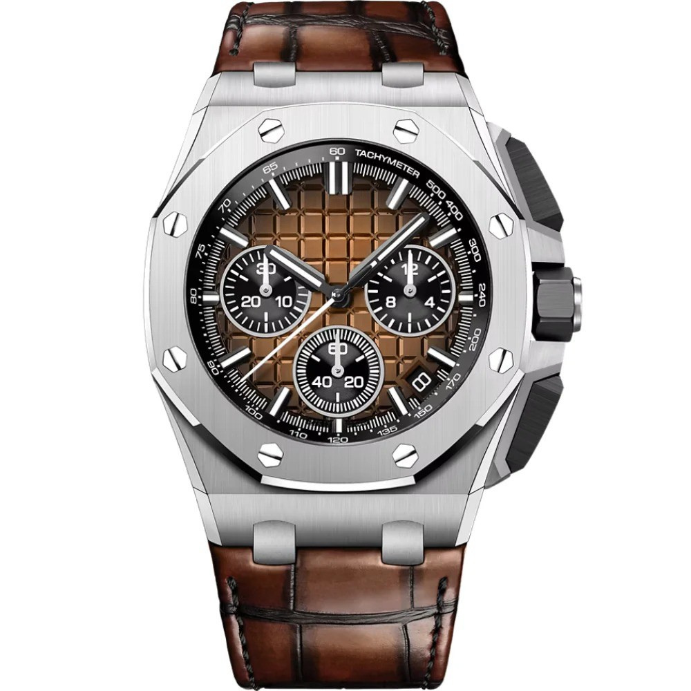 Chronograph 44 – Steel Case | Brown Grid Dial & Leather Strap