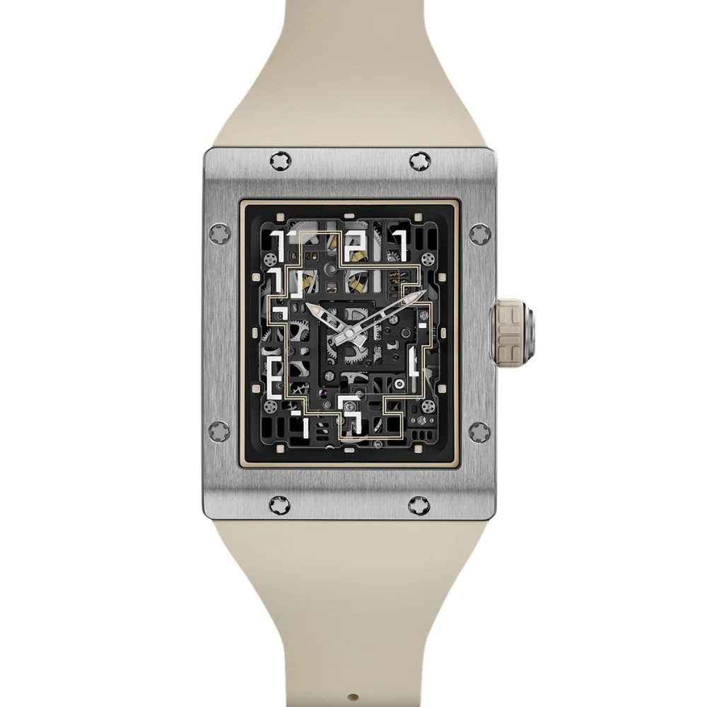 Titan Grid Skeleton 44 – Geometric Open Dial | Brushed Steel Case & Beige Rubber Strap